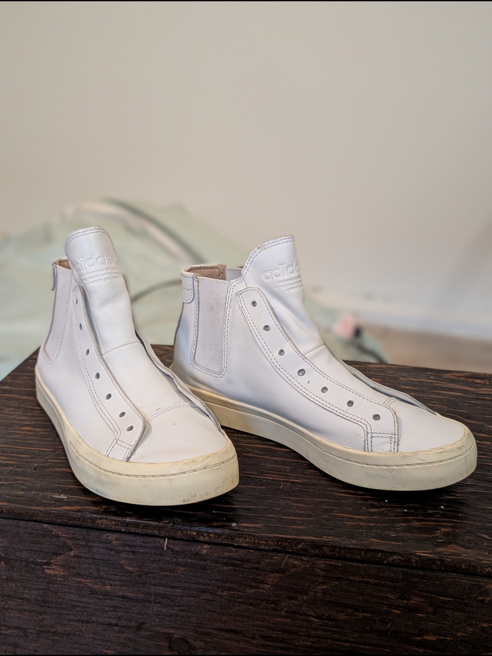 Adidas White Leather Slip-On High Top Sneakers